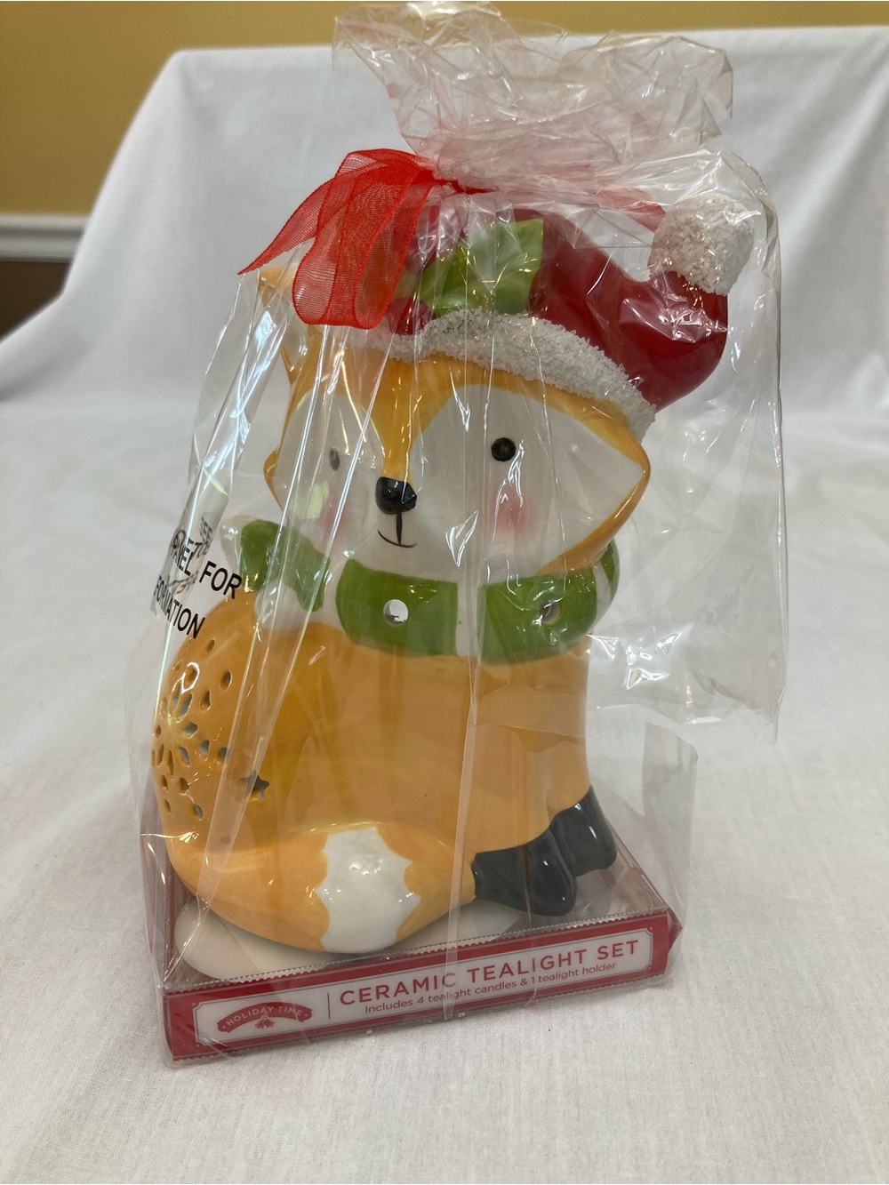 Holiday Time Orange Fox Tealight Holder with Red Hat and Green Scarf New